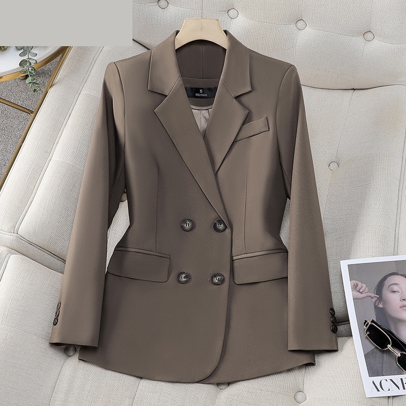 Formal Winter Wear Women Jacket - เสื้อเบลเซอร์ผู้หญิงสีน้ำตาลดำกระดุมสองแถวสำหรับสาวออฟฟิศชุดทำงานทางการ
