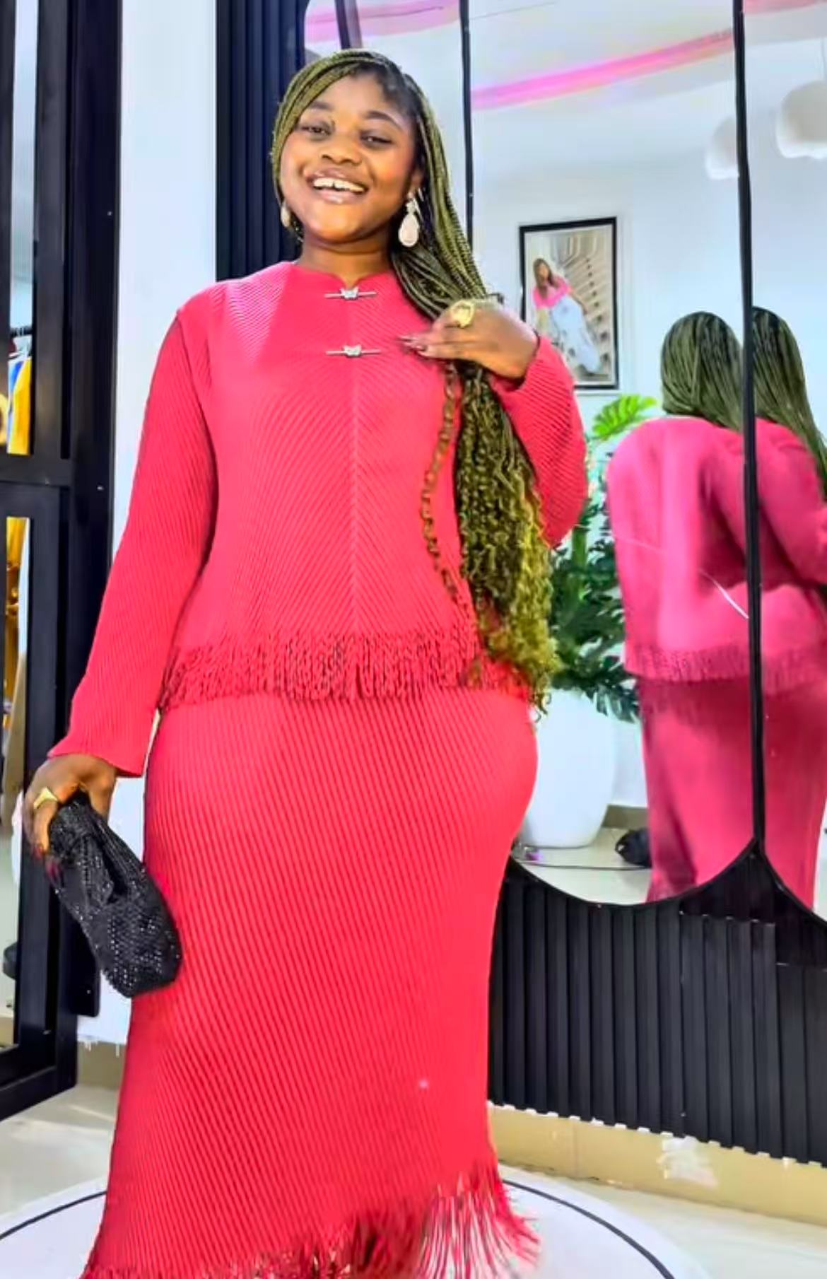 Pencil Skirt Midi - ชุดเซ็ตสองชิ้นเสื้อแขนยาวสีพื้นลายเกล็ดมังกรใหม่ของ Miyake กระโปรงทรงเอครึ่งตัวจีบบางพร้อมชายครุย ทรงหลวม ฤดูร้อนปี 2025