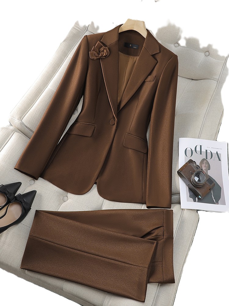 Women Formal Wear Shirt And Pant - ฤดูใบไม้ร่วงฤดูหนาวสีน้ําตาล Apricot ผู้หญิงกางเกงชุดสํานักงานสุภาพสตรีหญิงธุรกิจทํางาน 2 ชิ้นชุดอย่างเป็นทางการ Blazer