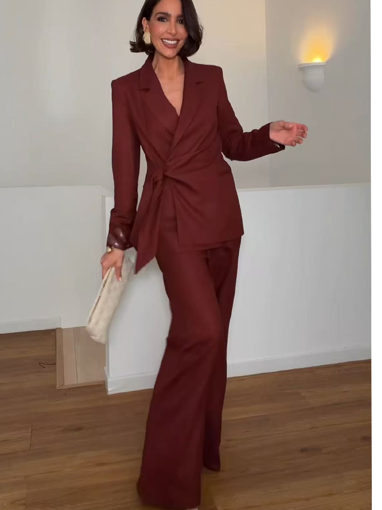 Women'S Formal Wear Jackets - ชุดสูทแฟชั่นสำหรับสุภาพสตรี เสื้อเบลเซอร์ทรงเข้ารูป แต่งเชือกผูก พร้อมกางเกงขายาวทรงตรง สไตล์หรูหรา เหมาะสำหรับใส่ทำงาน