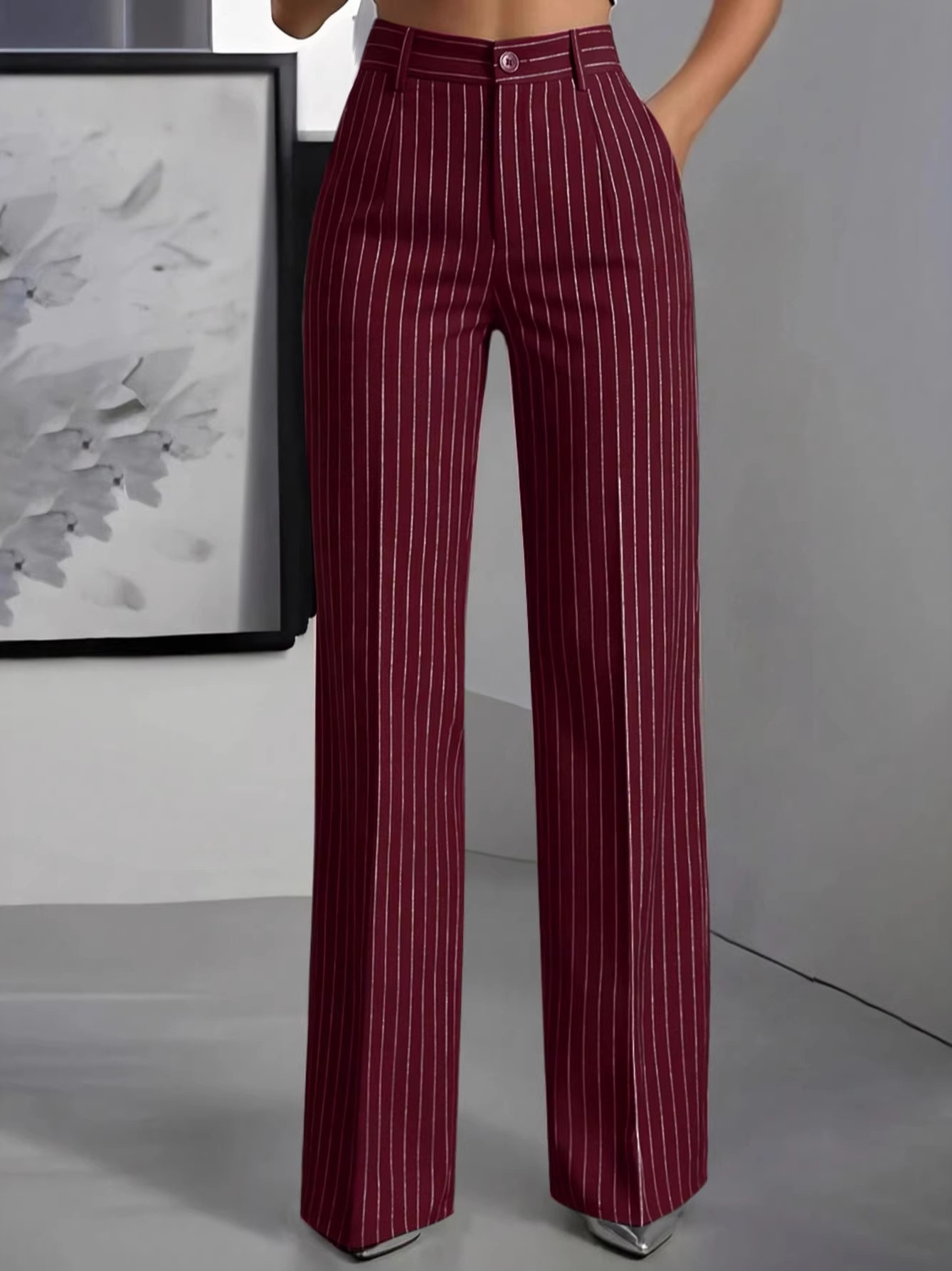 Women'S Formal Wear With Pants - กางเกงสูทขายาวทรงตรงเอวสูง ดีไซน์เรียบหรู ลายทาง ใส่ได้หลากหลายโอกาส เหมาะสำหรับทำงานและลำลอง