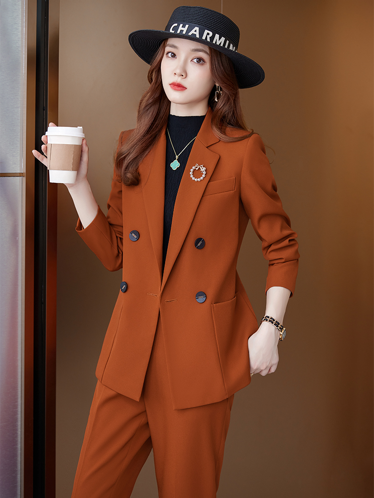 Women Formal Wear Shirt And Pant - ชุดสูทธุรกิจ 2 ชิ้นสำหรับผู้หญิง, เสื้อเบลเซอร์กระดุมสองแถวพร้อมกระเป๋าและกางเกงขายาวเอวสูง, ชุดทำงานสำนักงานแบบเป็นทางการ