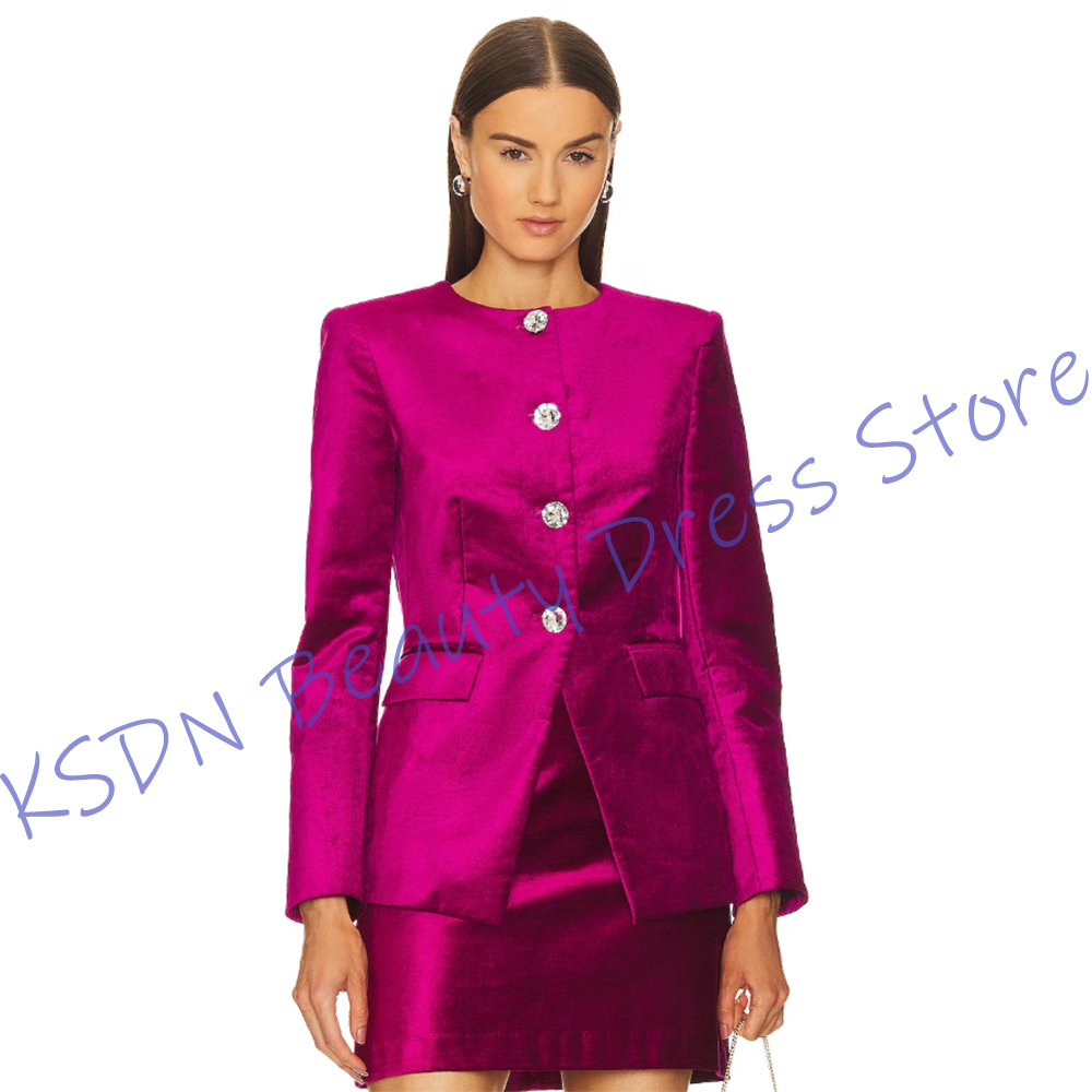 Women Formal Wear Shirt And Pant - ชุดสูทผู้หญิงแบบกระดุมแถวเดียว สีชมพูสด ผ้าซาติน สองชิ้น (เสื้อแจ็คเก็ต+กระโปรงสั้น) ชุดทำงานสุดหรู