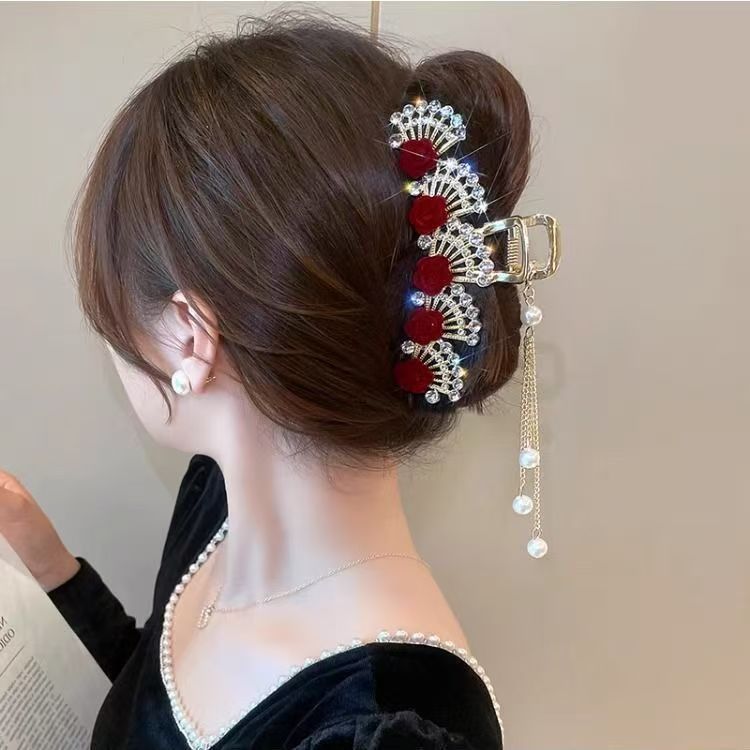 Women'S Formal Wear Accessories - กิ๊บติดผมลายดอกไม้สีแดงวินเทจประดับเพชรเทียมสำหรับผู้หญิง, กิ๊บติดผมโลหะผสมเรซินพร้อมพู่มุกและโซ่ยาว, กิ๊บติดผมขนาดใหญ่ระดับไฮเอนด์สำหรับผู้ใหญ่, เหมาะสำหรับงานเลี้ยง, งานแต่งงาน, ชุดทางการ,