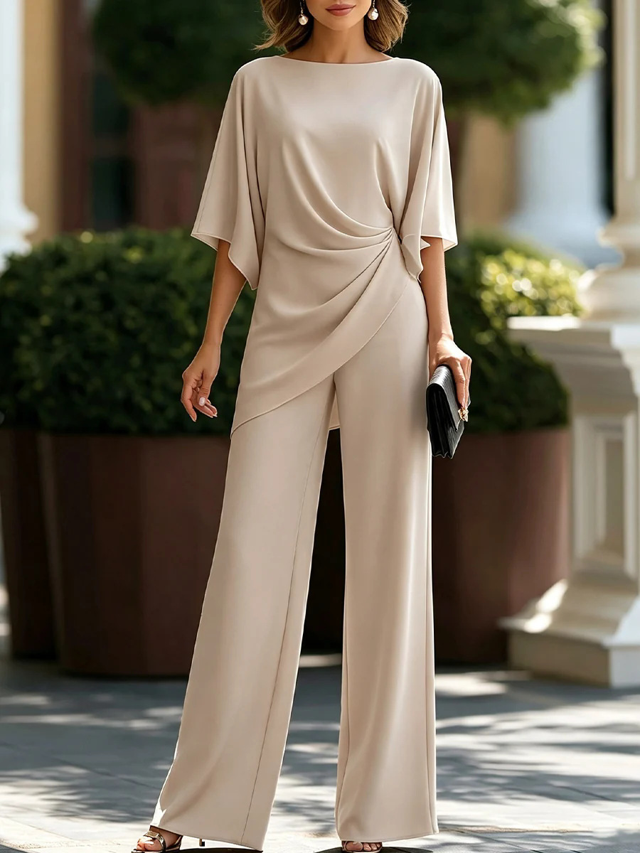 Women'S Formal Wear With Pants - ชุดเซ็ตสองชิ้นสำหรับผู้หญิงแบบทางการ เสื้อคอปาดแขนสั้นพร้อมผ้าคลุมไหล่ กางเกงขายาวทรงขากว้างจับจีบเอว ชุดสำหรับแขกงานแต่งงาน