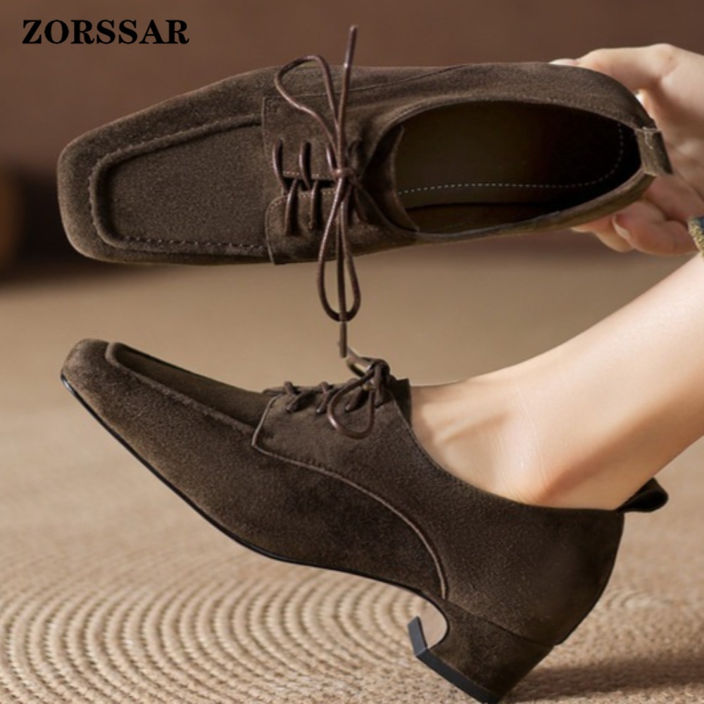 Formal Women Daily Wear Shoes - รองเท้าอ็อกซ์ฟอร์ดแบบผูกเชือกทรงสี่เหลี่ยมหนังกลับสีน้ำตาลสำหรับผู้หญิง, รองเท้าส้นเตี้ยแบบเป็นทางการ, รองเท้าทำงานที่ดูสง่างามสำหรับทำงาน, ธุรกิจ, และสวมใส่ในชีวิตประจำวัน
