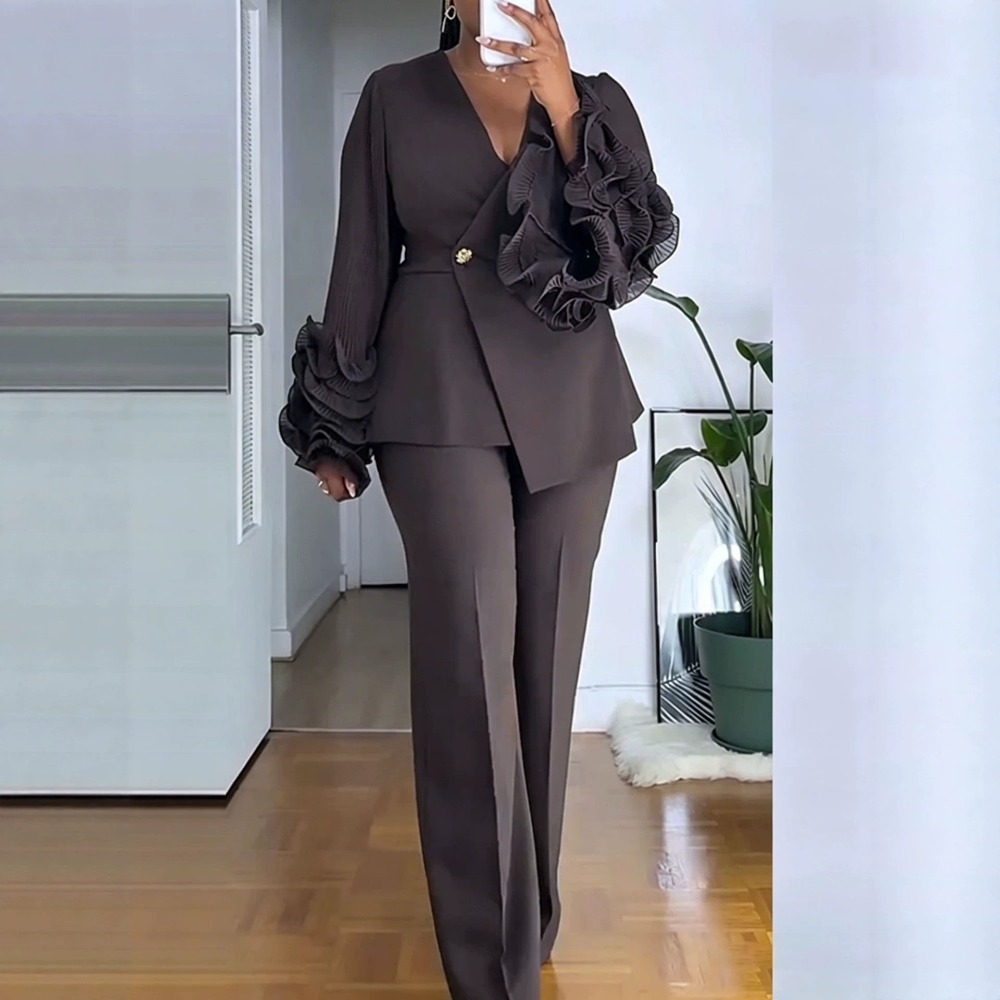 Formal Women'S Wear - ชุดสูทกางเกง 2 ชิ้นสำหรับผู้หญิง เสื้อเบลเซอร์แขนยาวระบายทรงวีลึก กางเกงขายาวเอวสูงทรงตรง ชุดทำงานสุดหรู