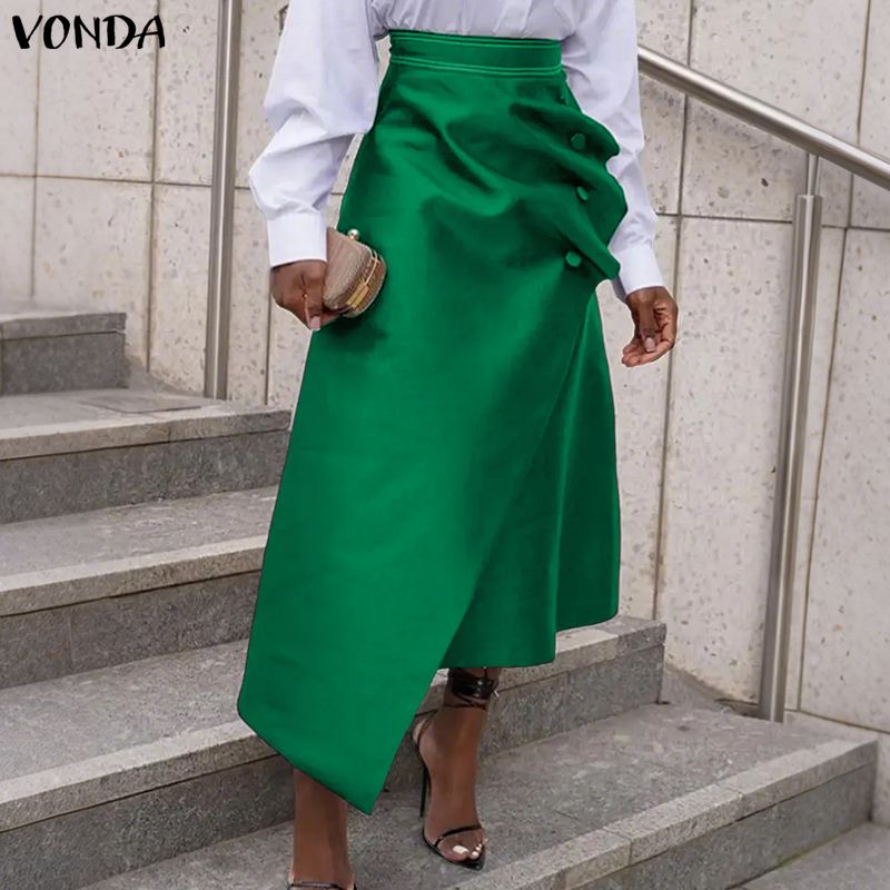 Pencil Skirt Midi - กระโปรงยาวทรงเอวสูงผ้าซาตินสำหรับผู้หญิงไซส์ใหญ่พิเศษ 5XL ดีไซน์หรูหรา กระดุมผ่าหน้า จับจีบแบบไม่สมมาตร แฟชั่นเรียบง่าย