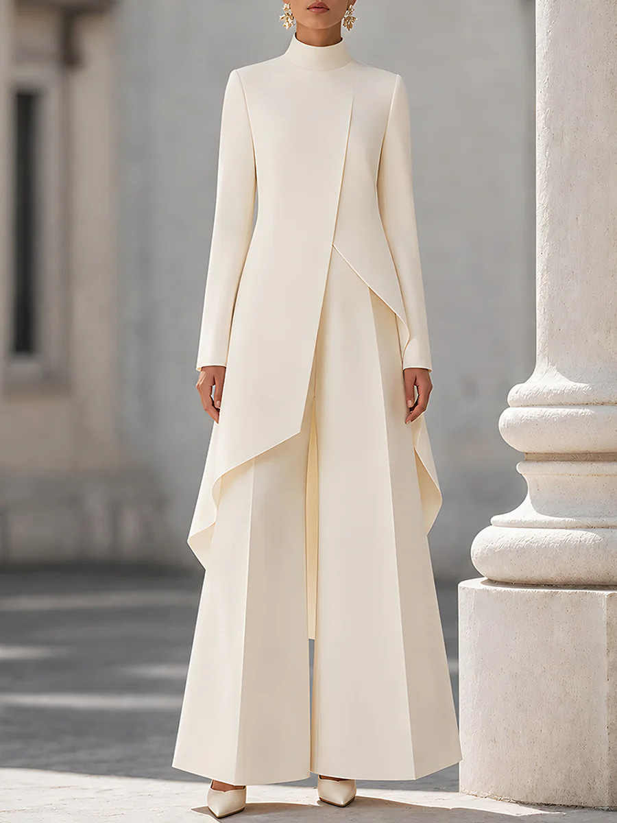 Women'S Formal Wear With Pants - ชุดเซ็ตผู้หญิงสองชิ้น เสื้อคอเต่าแขนยาวชายเสื้อไม่สมมาตร กางเกงขายาวเอวสูงทรงขากว้าง ชุดสูททางการ