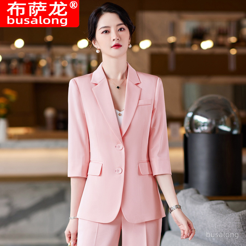 Women Formal Wear Shirt And Pant - ชุดทำงานมืออาชีพสำหรับผู้หญิง คอลเลคชั่นใหม่ ฤดูใบไม้ผลิ/ฤดูร้อน: ชุดสูทแขนกลาง ดีไซน์หรูหราและช่วยให้ดูเพรียวบาง ชุดทำงานทางการ