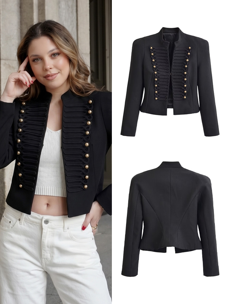 Women'S Formal Wear Jackets - เสื้อแจ็คเก็ตนโปเลียนสไตล์วินเทจสำหรับผู้หญิง คอตั้ง กระดุมสองแถว ทรงเข้ารูป สีดำ แบบสั้น