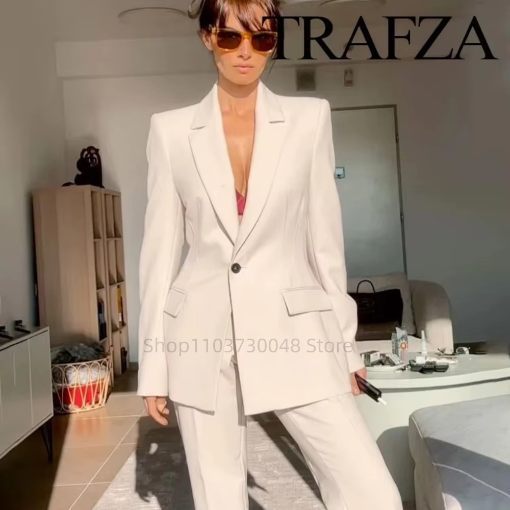 Women'S Formal Wear Jackets - แฟชั่นชุดสูทสตรีสำหรับออฟฟิศ เสื้อเบลเซอร์และกางเกงขายาว สีขาว/แดง ชุดทำงานสำหรับผู้หญิง ชุดทำงาน 2